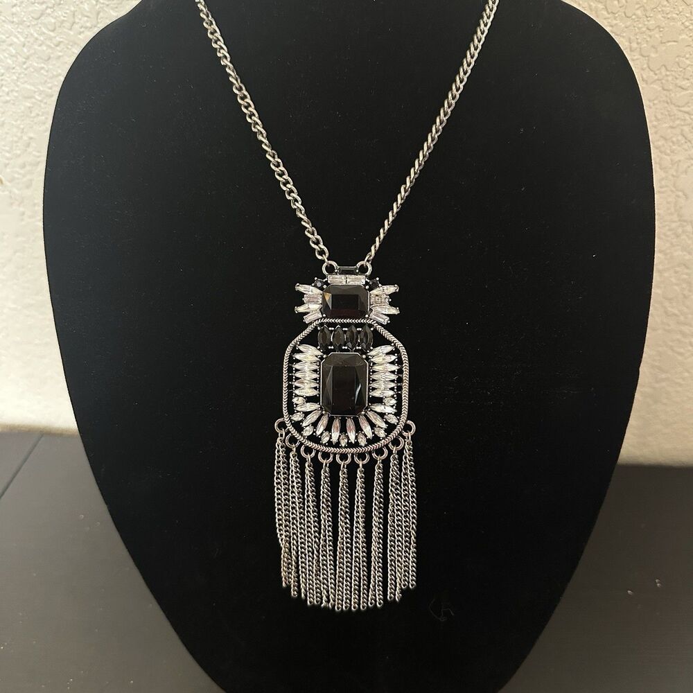 Silver‎ Necklace Y Pendant Black Clear Rhinestone Chain Hassle Fringe Bib
